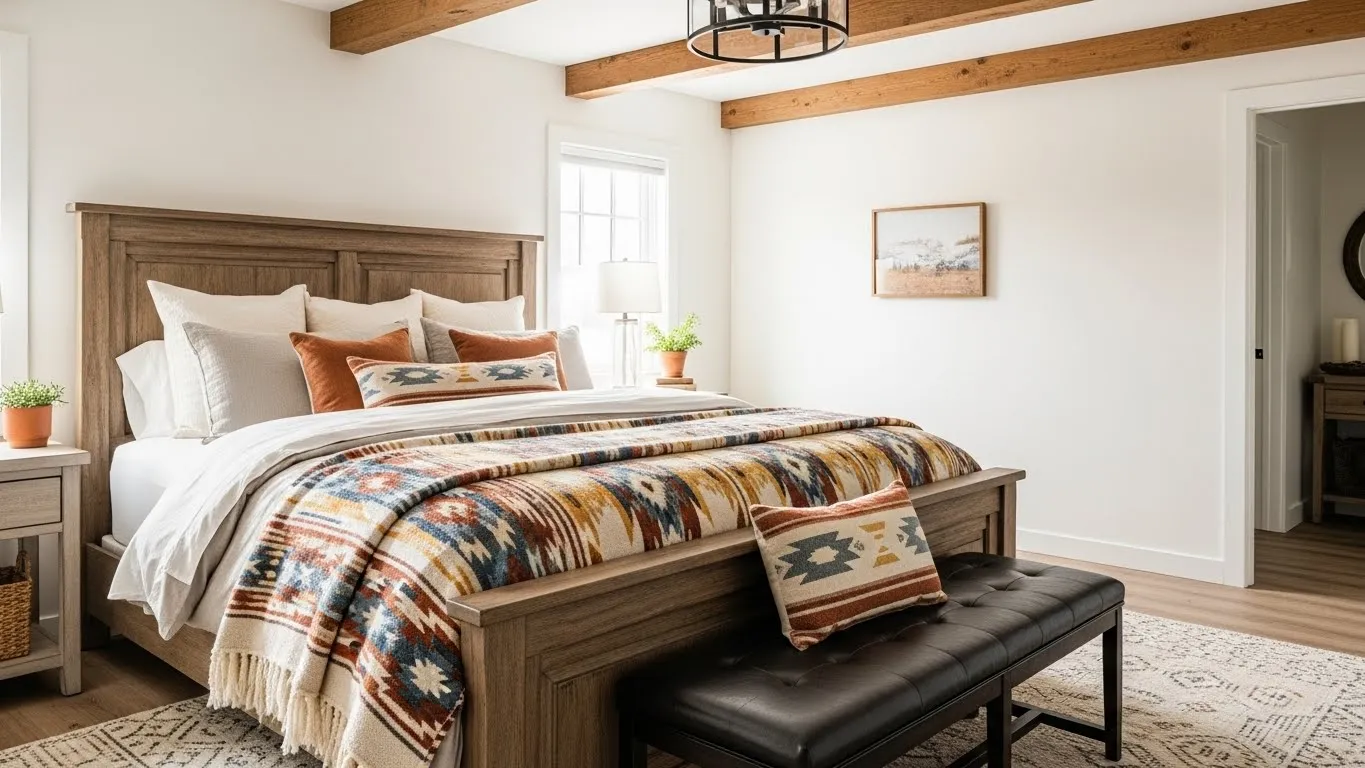 Western bedroom idea featuring rustic wood furniture, layered bedding, and warm ranch-style decor.