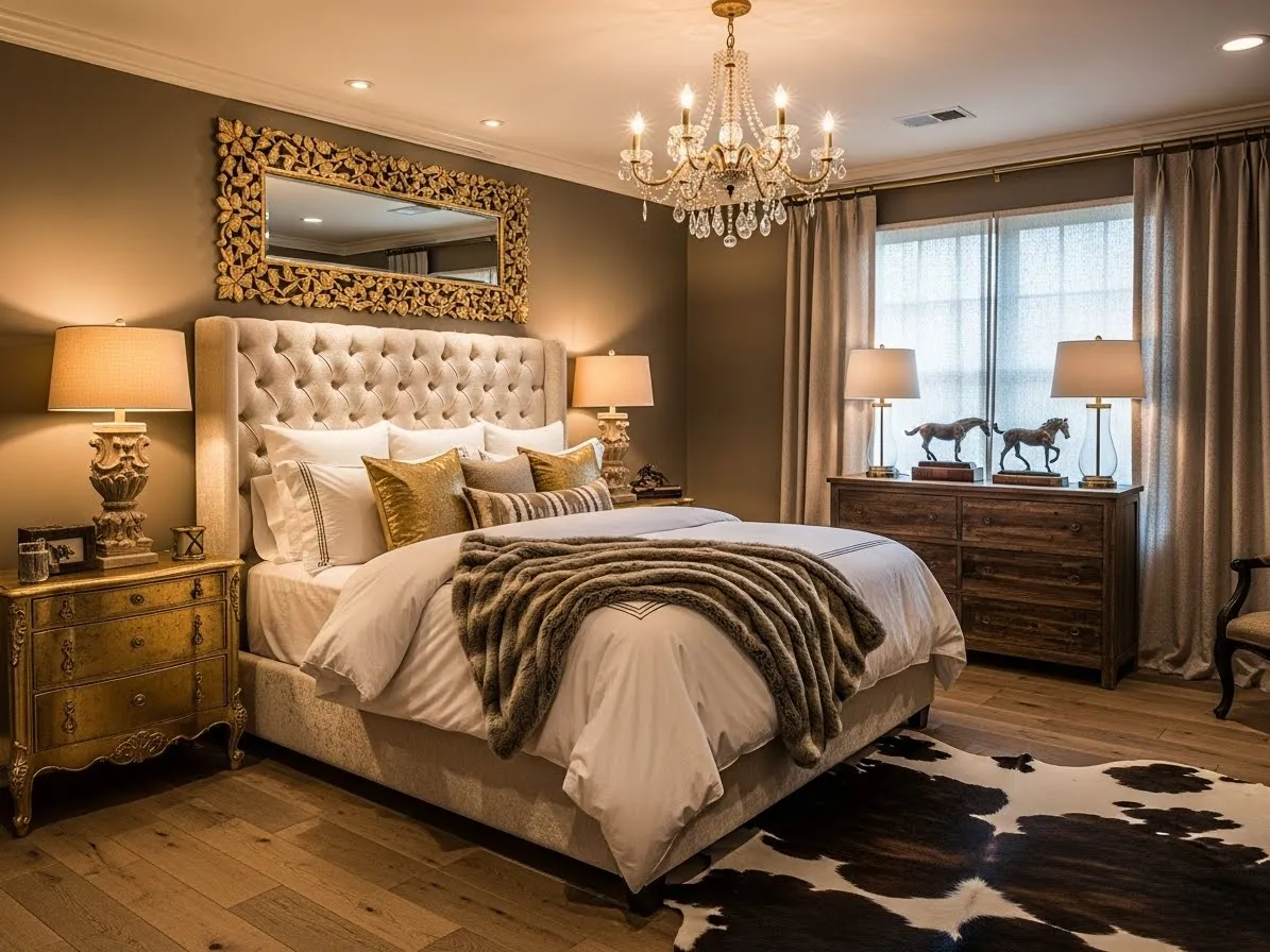 Western glam bedroom blending rustic charm with elegant textures and metallic accents.