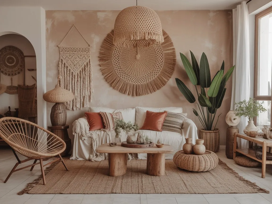Boho-style living room with earthy colors, layered textures, and global-inspired patterns