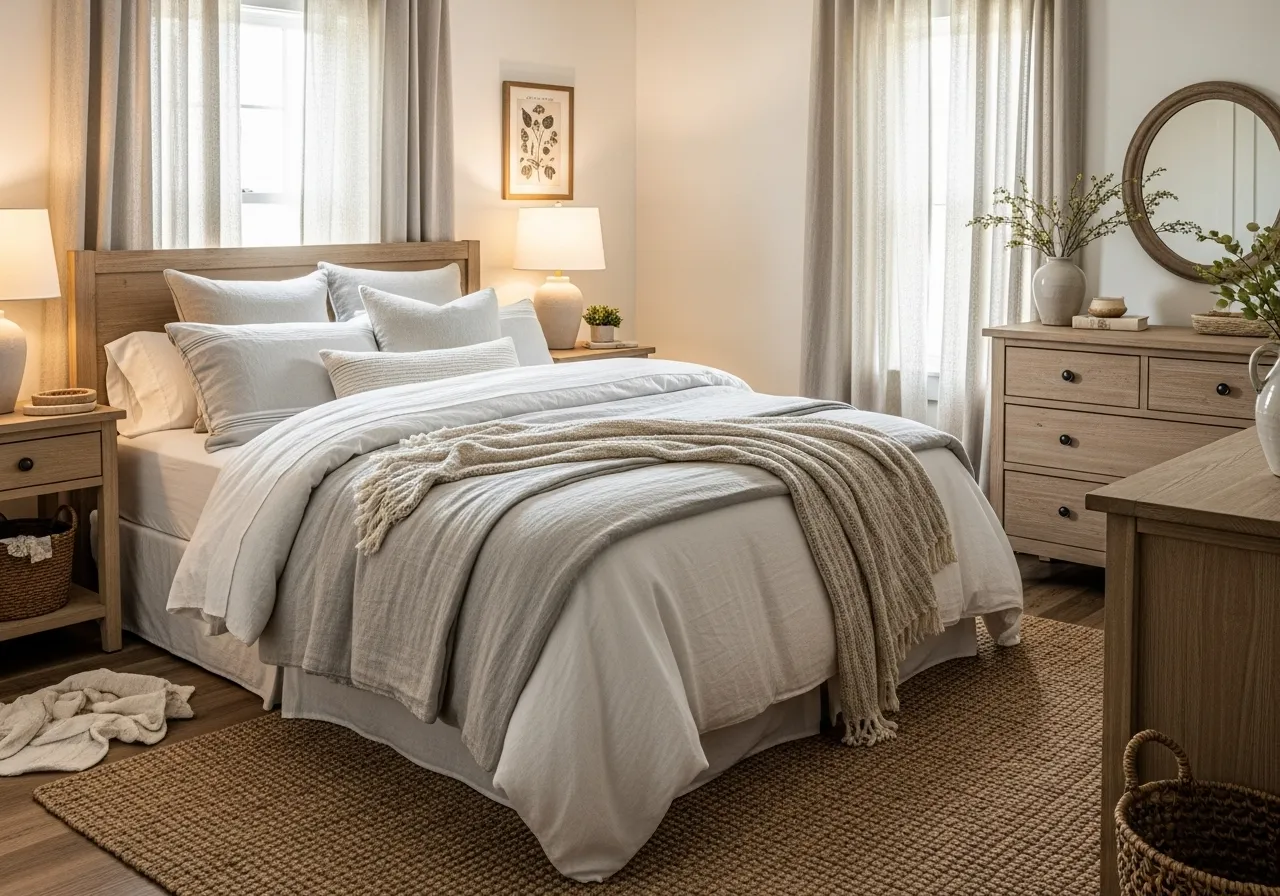 Key elements of a great farmhouse guest bedroom including cozy bedding, natural textures, and rustic decor