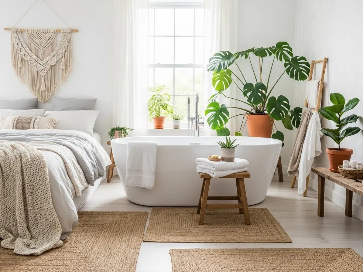 White boho bedroom with bathtub designed for a calm spa-like feel