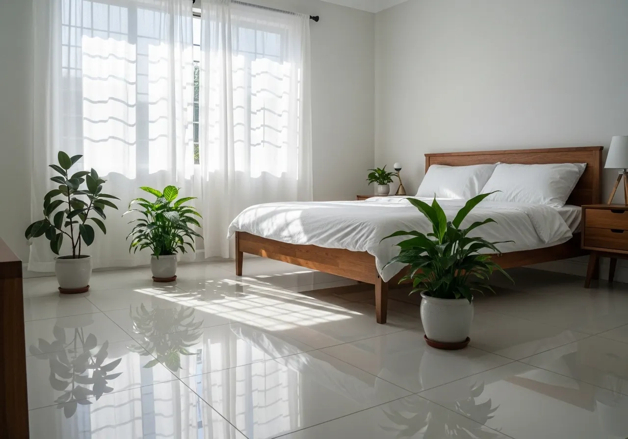 White bedroom-with-tile-floor with bright tiles and minimalist modern decor