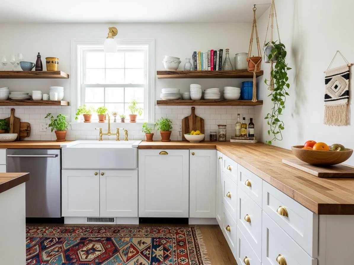 Boho kitchen ideas with white cabinets and warm wood accents.