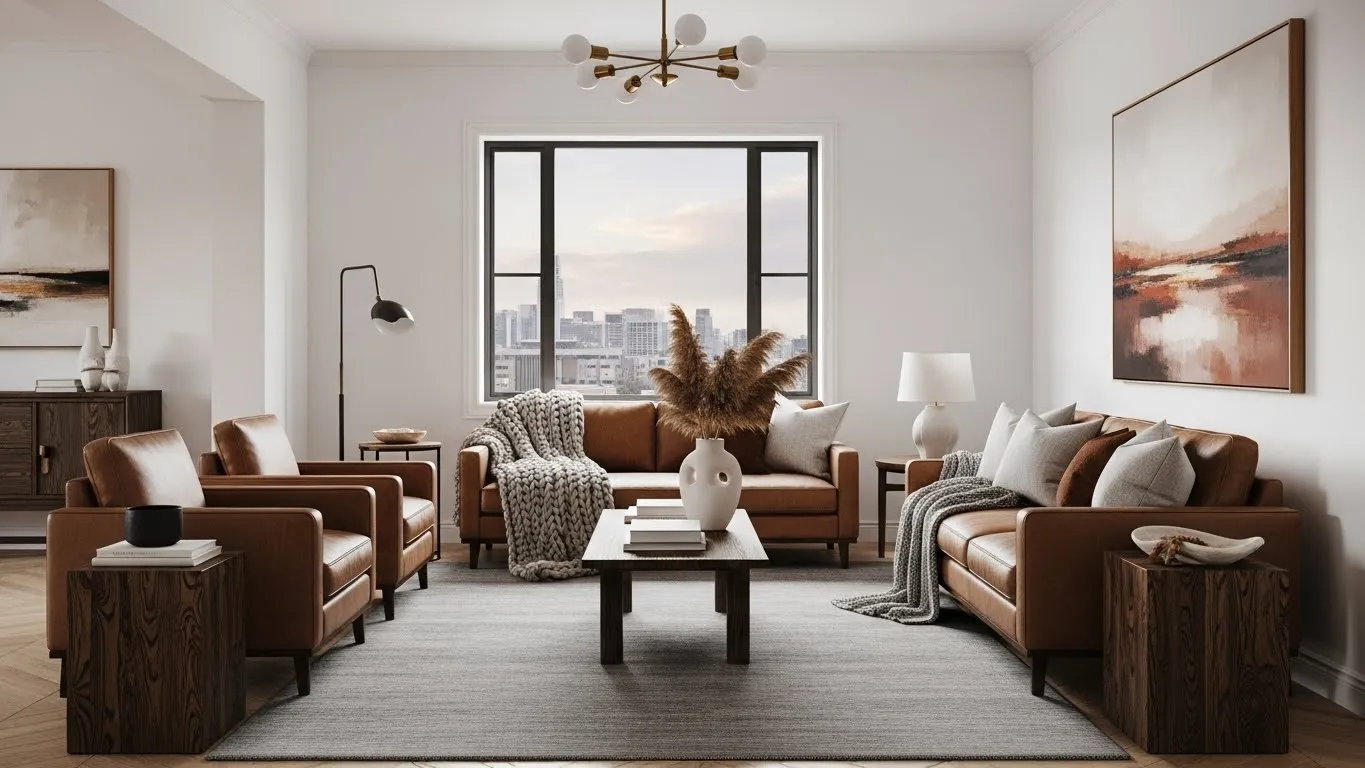 Masculine living room with white, brown, and gray color palette