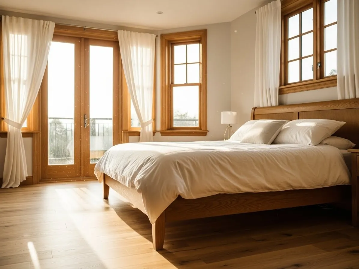 White curtains paired with oak window frames in a bright bedroom