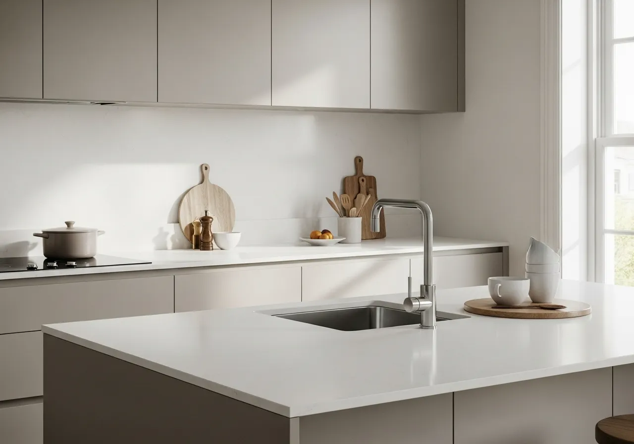 Minimalist kitchen ideas with white quartz countertops and clean modern design