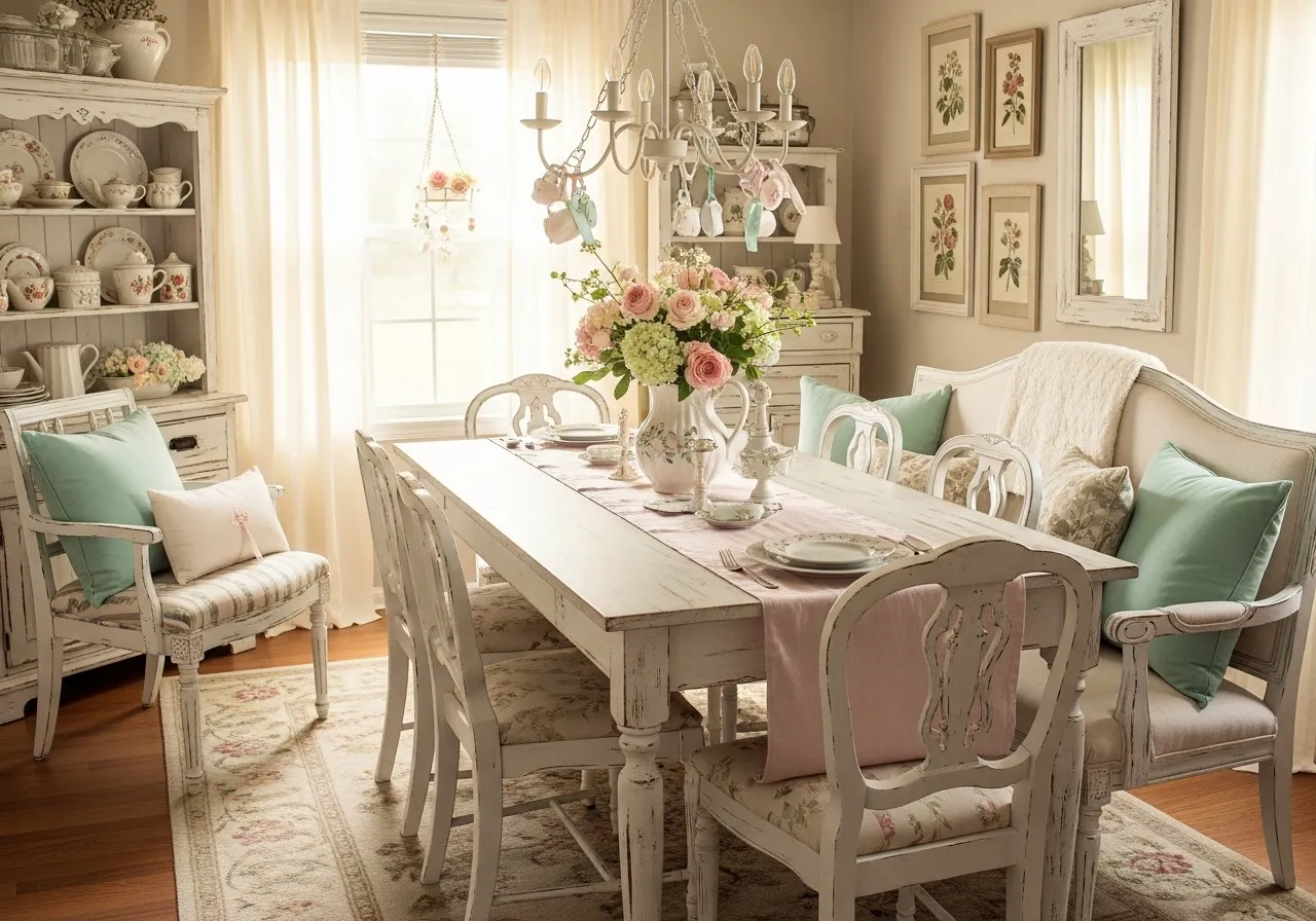 shabby chic dining table with bench in a cozy cottage dining room