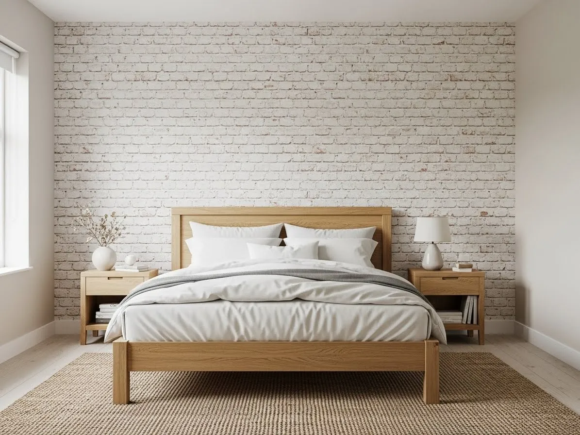 White textured wall paired with oak furniture in a modern bedroom