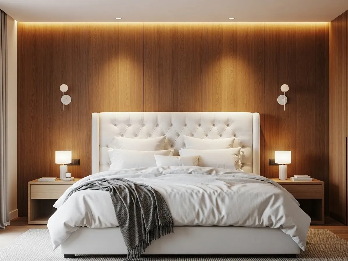 White upholstered bed with oak wall panels in a modern bedroom