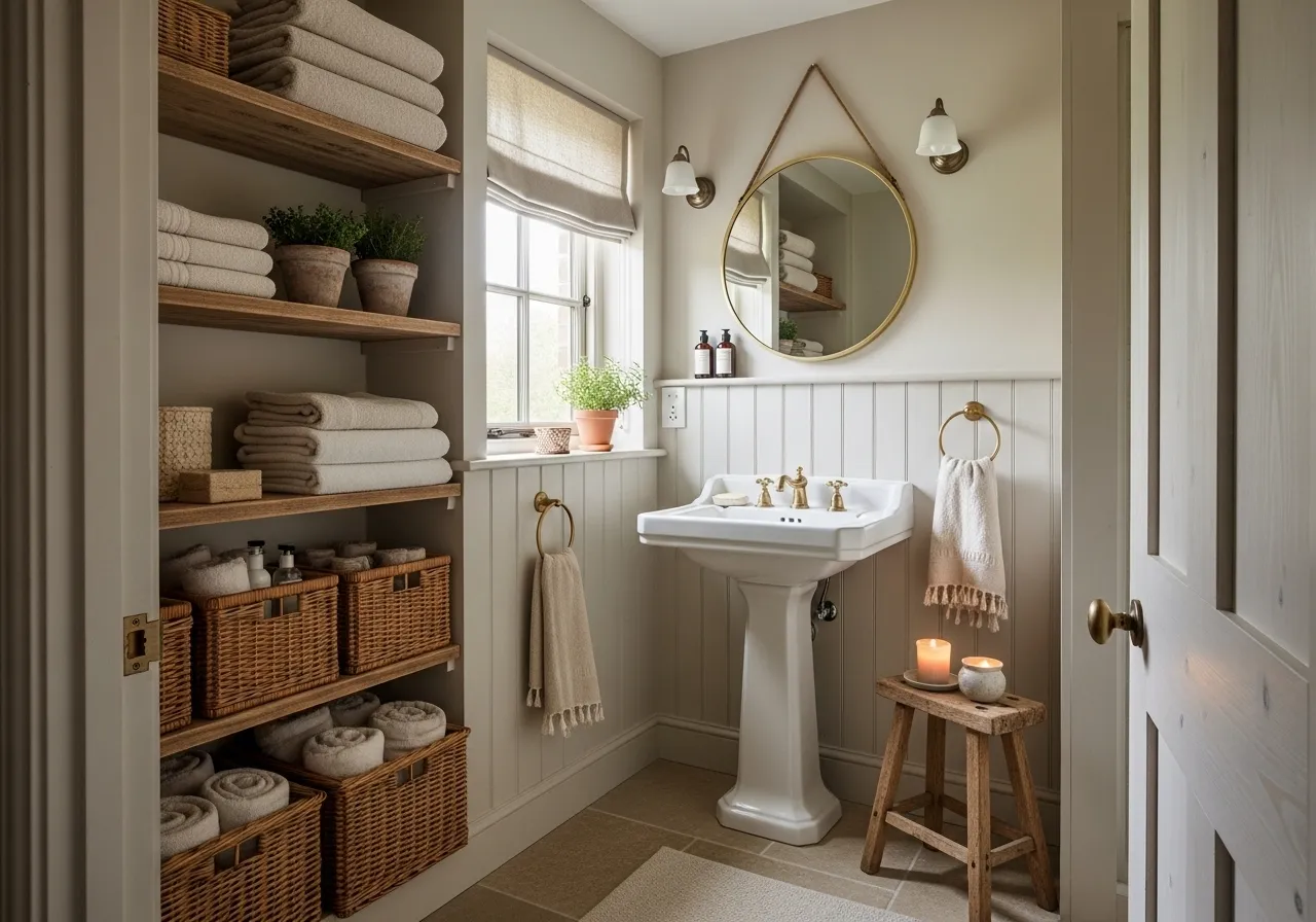 Cottage bathroom storage ideas with wicker baskets