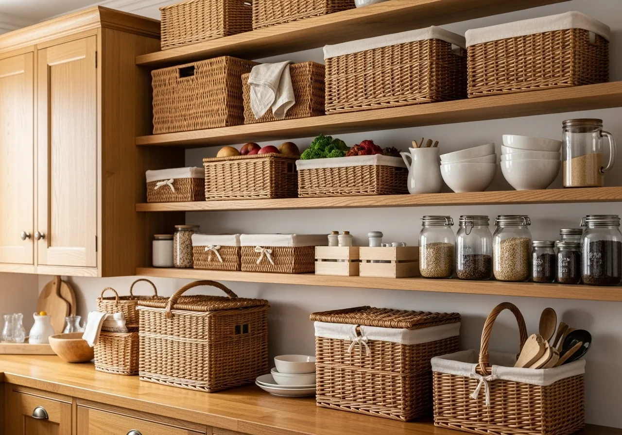 Country kitchen ideas using wicker baskets for natural storage