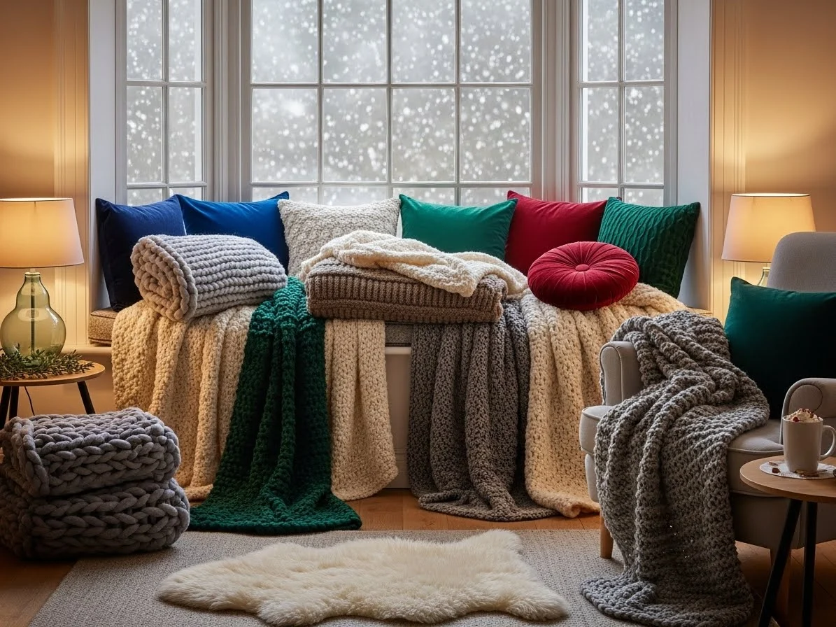 Winter living room with bay window styled with plush blankets and jewel-toned pillows.