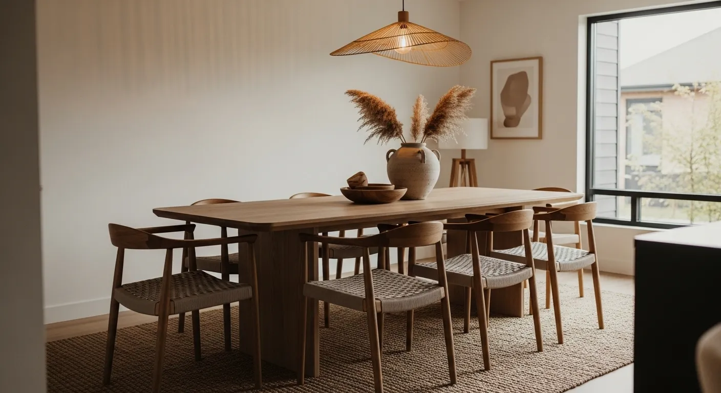 Woven rattan and wooden chairs in Japandi dining room ideas