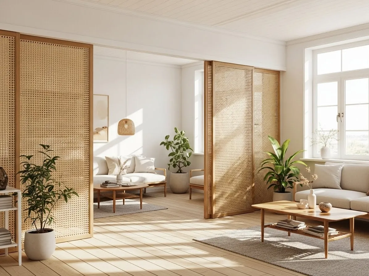 Room with woven rattan sliding panels as a stylish partition, warm and airy interior