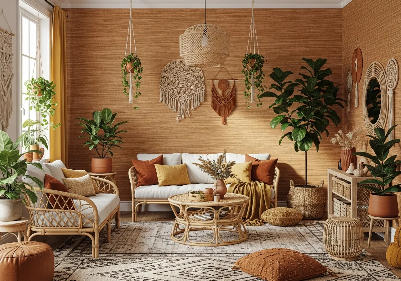 Boho living room with woven textile-effect wallpaper and natural décor