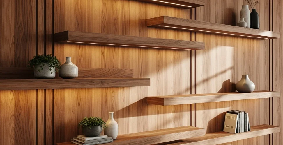 wooden panel wall with Shelves