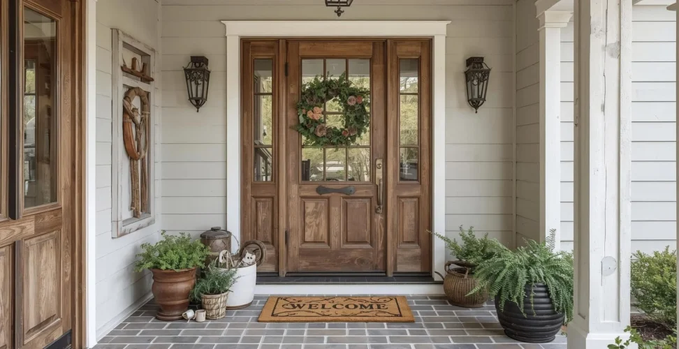 Stunning Farmhouse Entryway Ideas to Try This Year the overall vibe should be warm and rustic includinh high quality visuals also add website url homefulspell.com at the bottom is small font (1)
