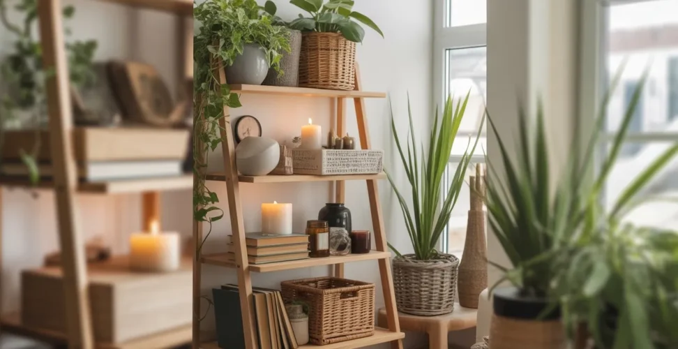 Featured image of a styled ladder shelf with plants, baskets, books, and candles for modern home decor inspiration