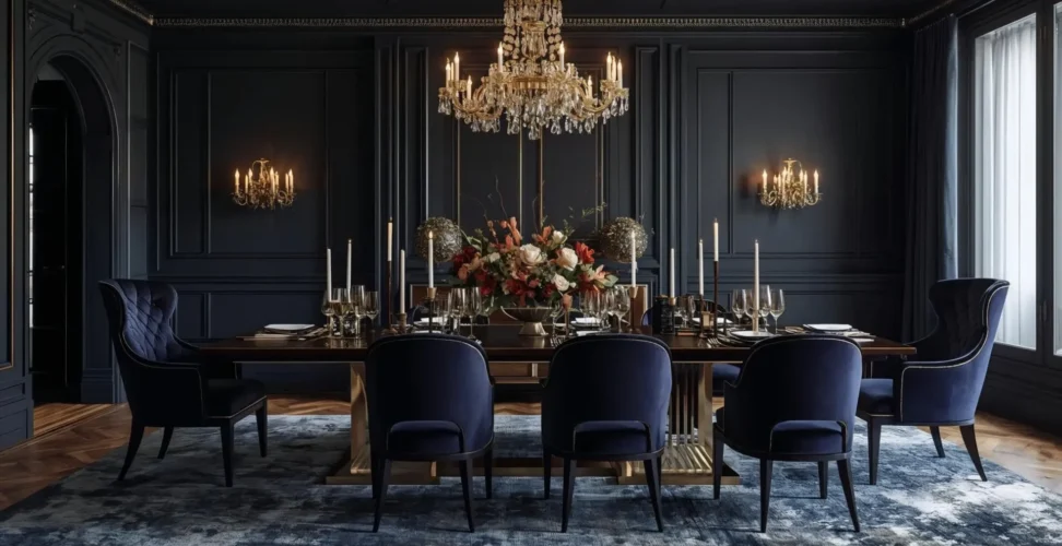 moody dining room with dark navy walls, velvet chairs, crystal chandelier, and gold accents