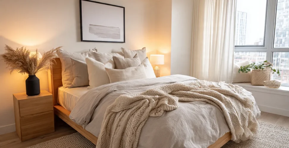 Featured Scandinavian bedroom with warm lighting, neutral bedding, light wood furniture, and cozy minimalist decor.